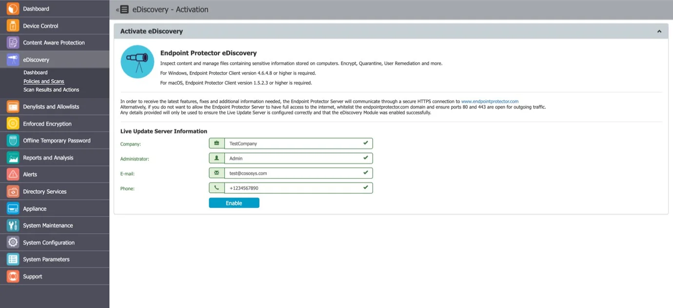The module is displayed but requires a simple activation by pressing the Enable button