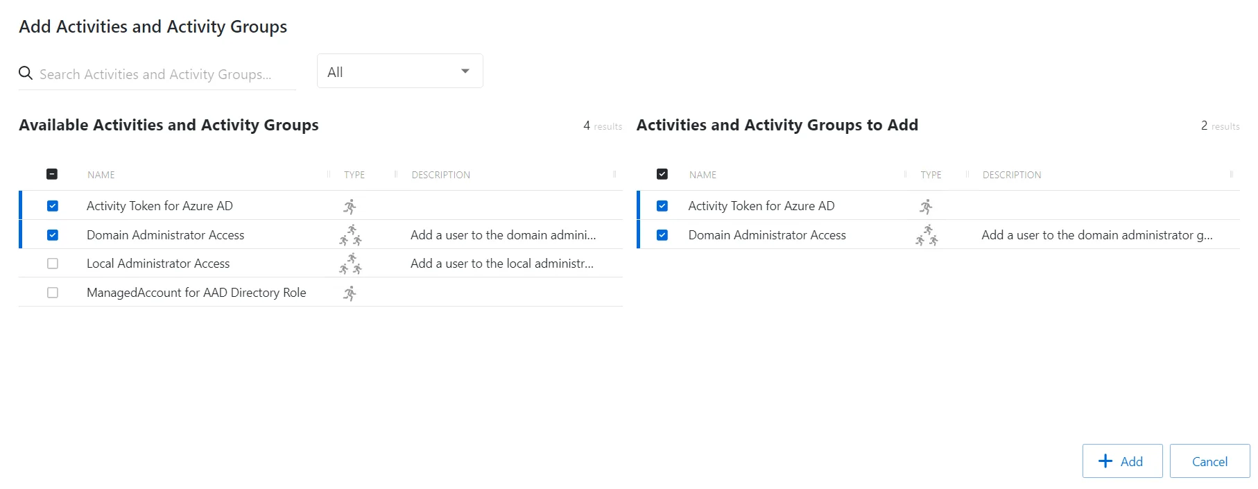 Add activities and activity groups window