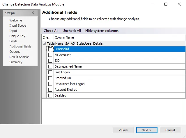 Change Detection Data Analysis Module wizard Additional Fields page