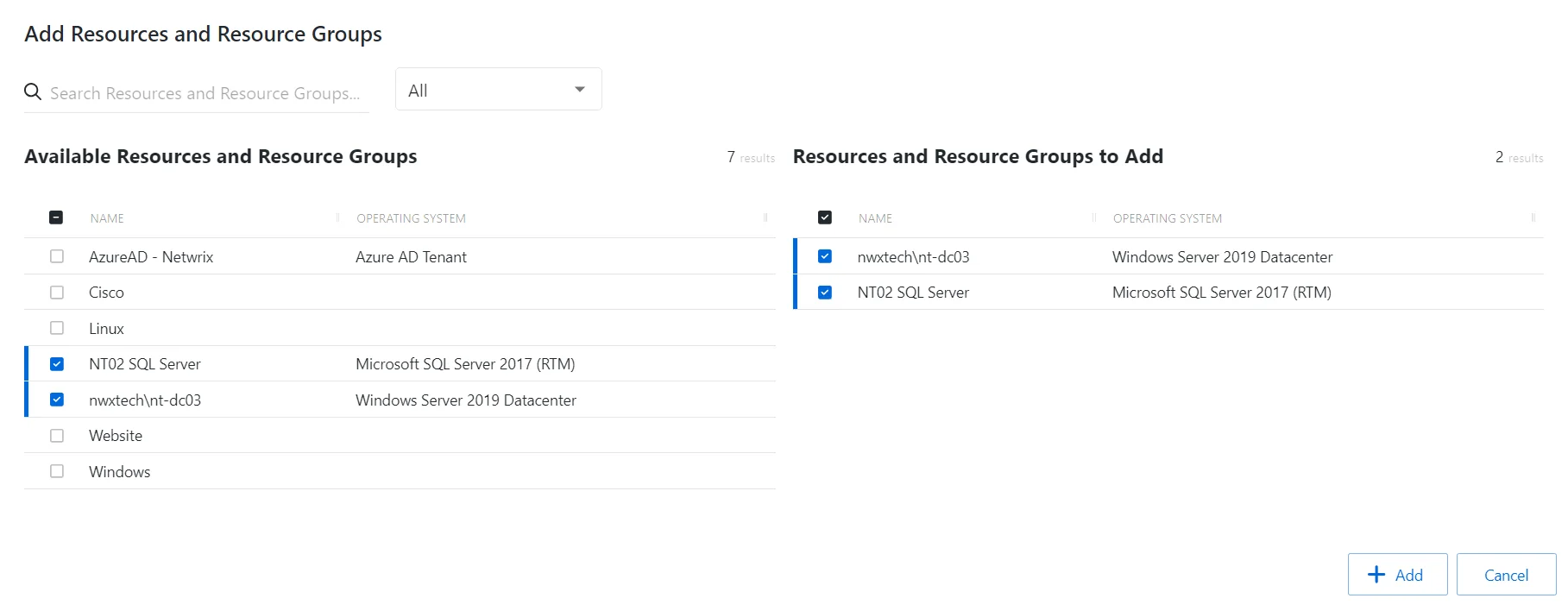 Add resources and rescource groups window
