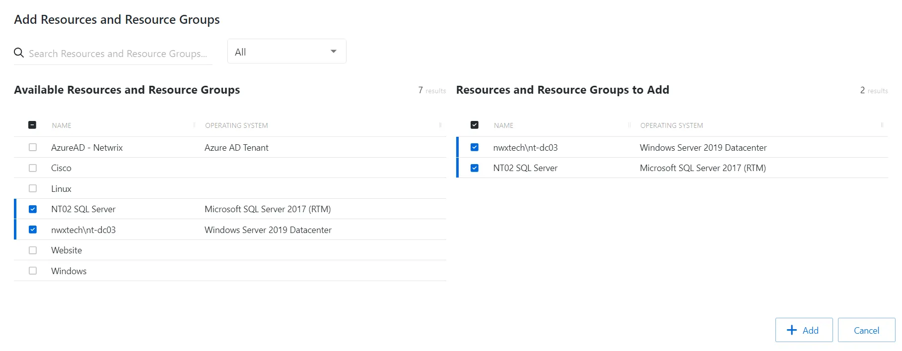 Add resources and rescource groups window