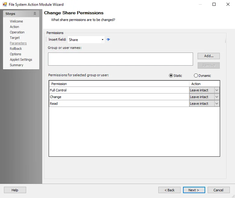 File System Action Module Wizard Change Share Permissions Parameters page