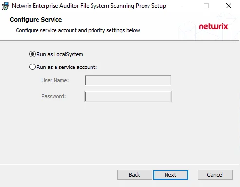 File System Proxy Setup Wizard Configure Service page