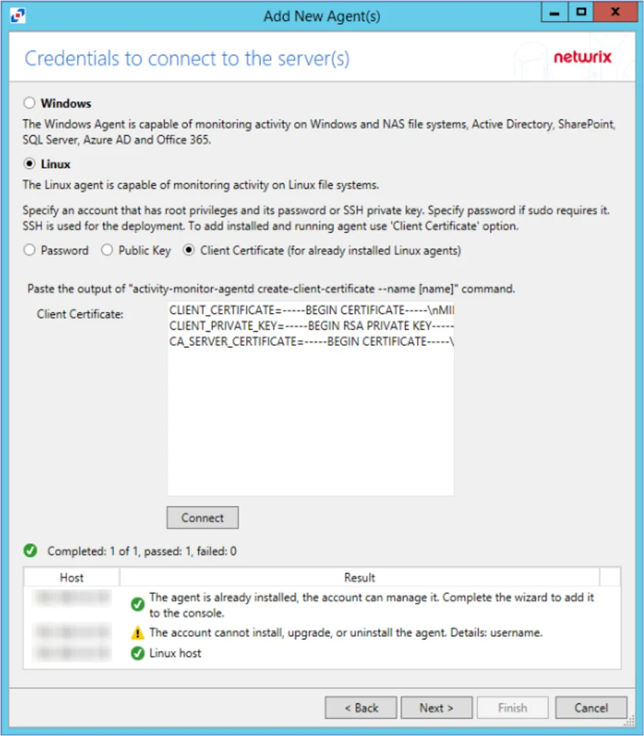 Credentials to connect to servers