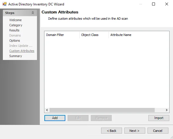 Active Directory Inventory DC Wizard Custom Attributes page