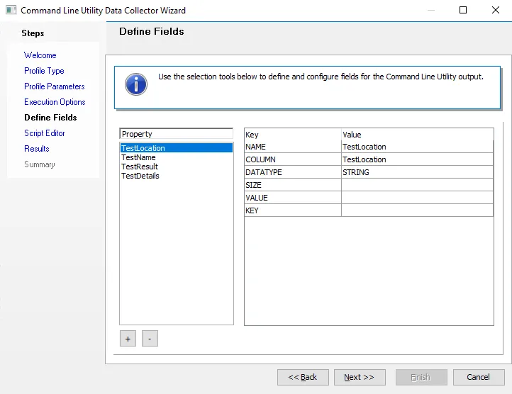 Command Line Utility Data Collector Wizard Define Fields page