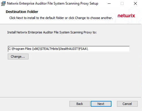File System Proxy Setup Wizard Destination Folder page