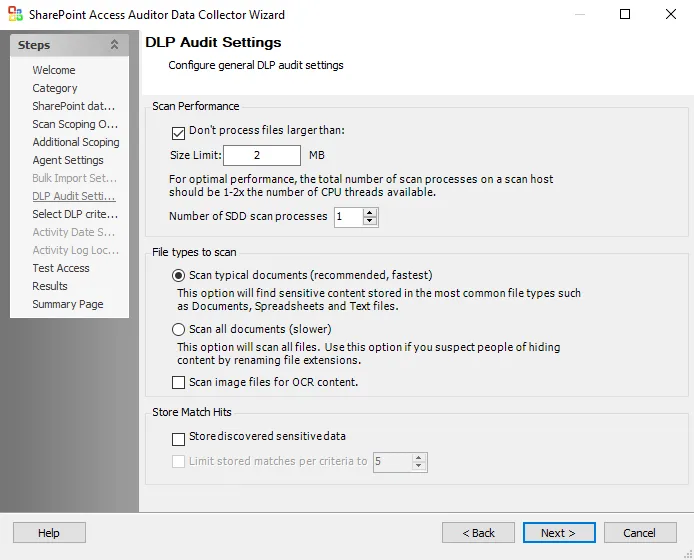 DLP Audit Settings page
