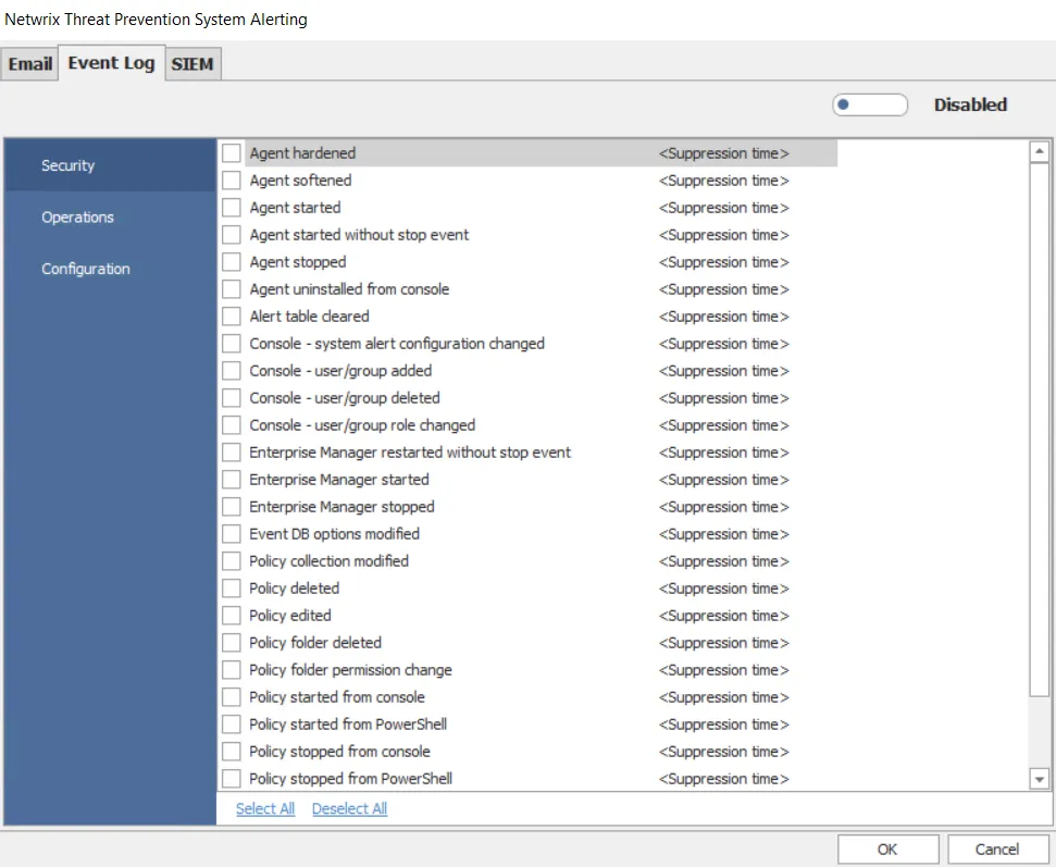 System Alerting window – Event Log tab