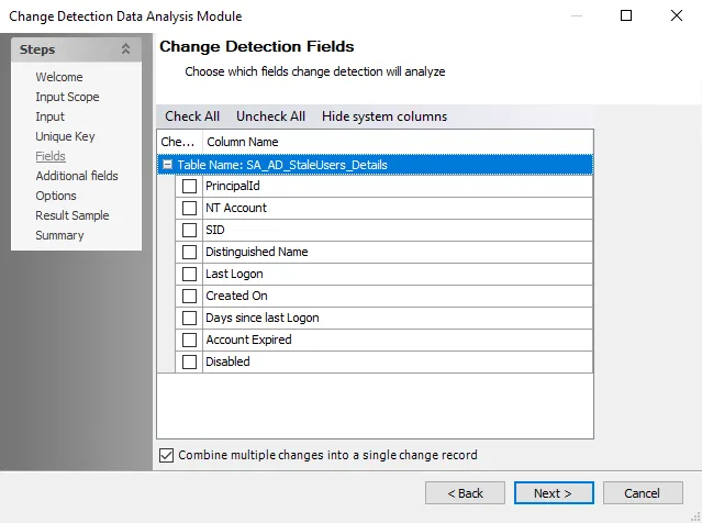 Change Detection Data Analysis Module wizard Fields page
