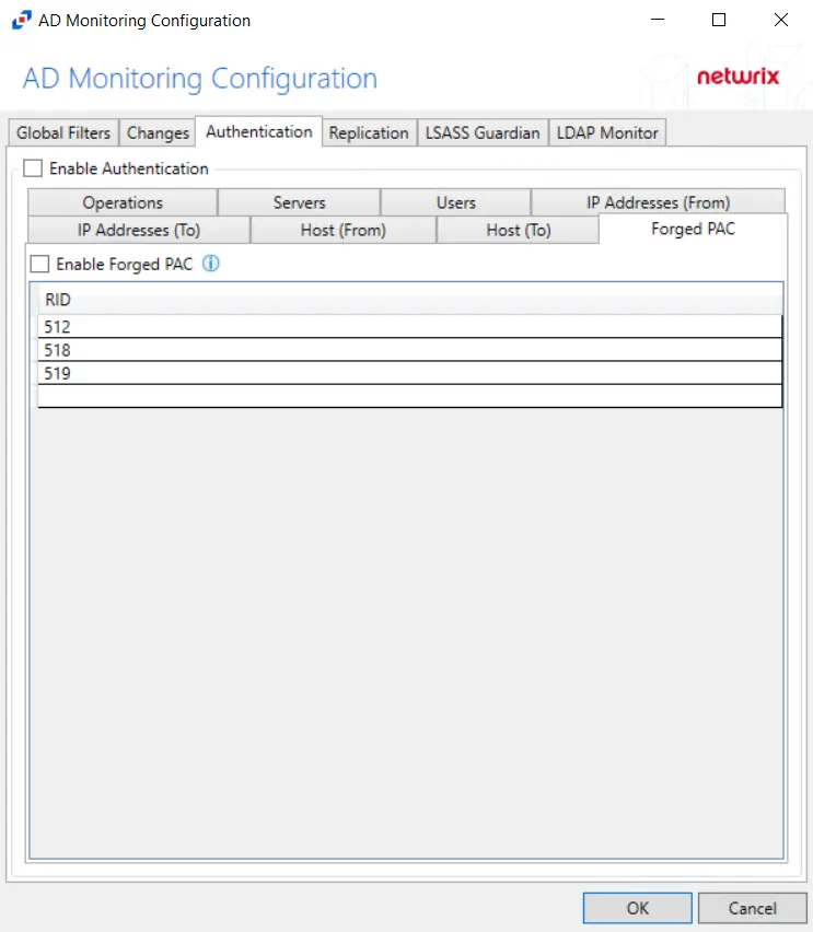 Netwrix Threat Manager Configuration Window - Forged PAC tab
