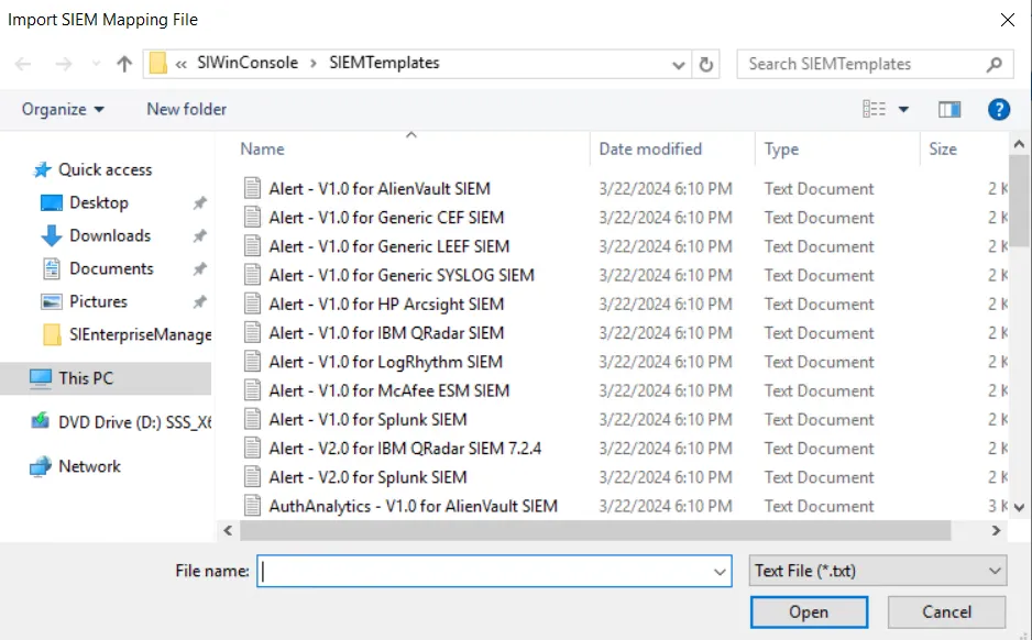 Import SIEM Mapping File window