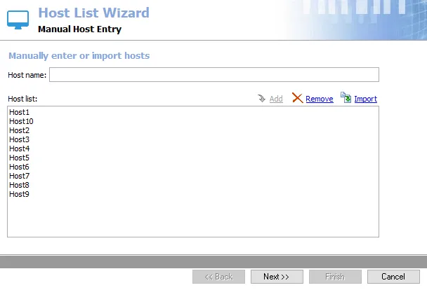 Imported hosts added in the Host list box on the Manual Host Entry page of the Host List Wizard