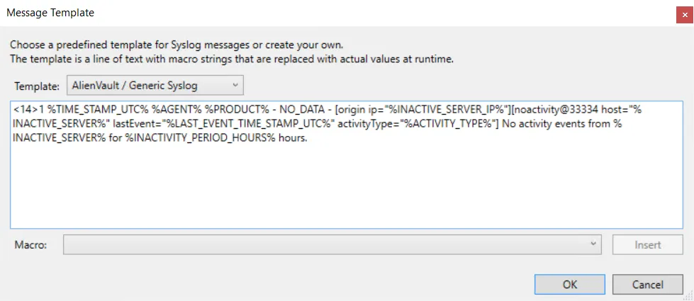 Message Template popup window for Syslog Alerts