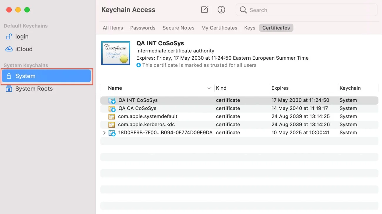 Keychain Access application settings on MacOs