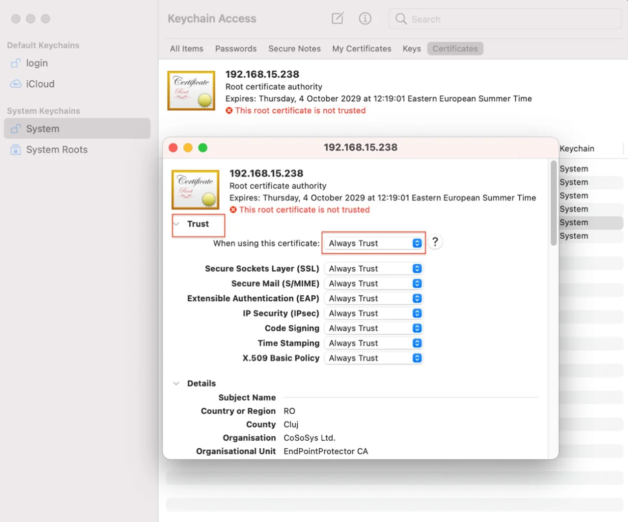 Keychain Access application settings on MacOs