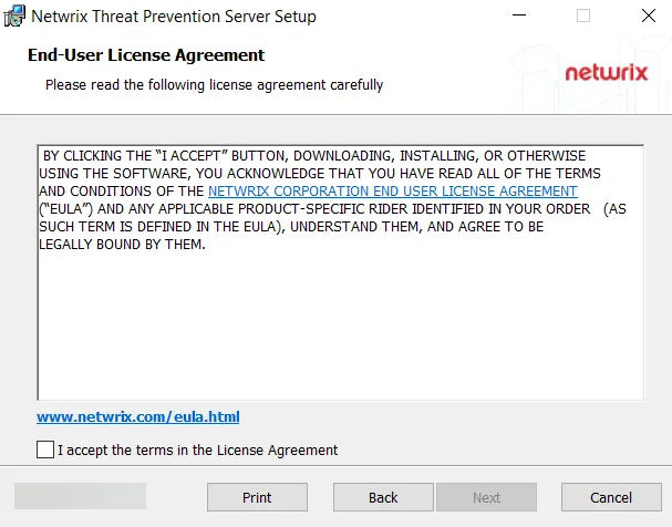 Threat Prevention Server Setup wizard - End-User License Agreement page