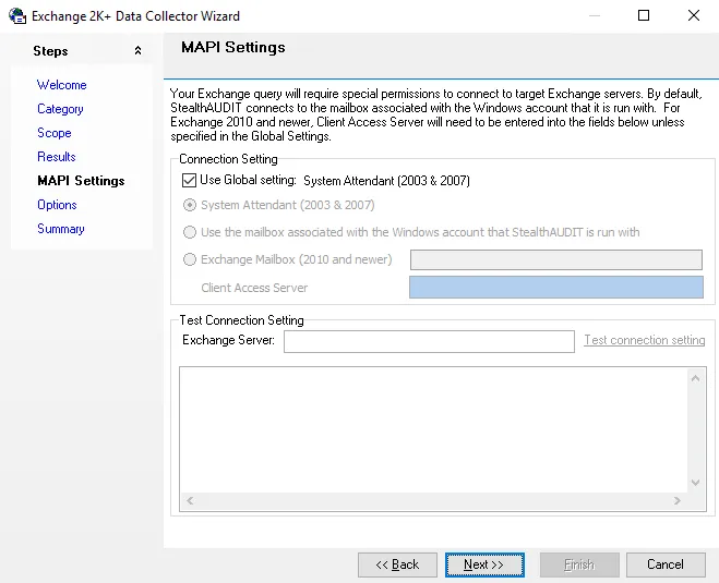 Public Folder Action Module Wizard MAPI Settings page