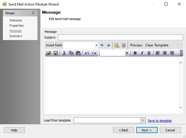 Send Mail Action Module Wizard Message page