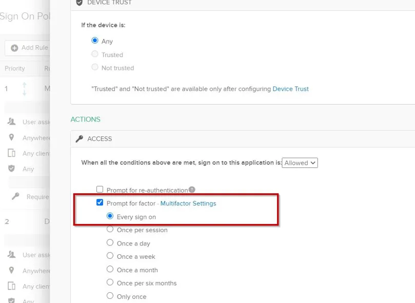 Okta MFA App Sign on Rule window Access section