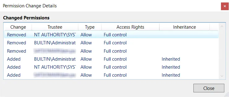 File Search Results Permissions link popup window