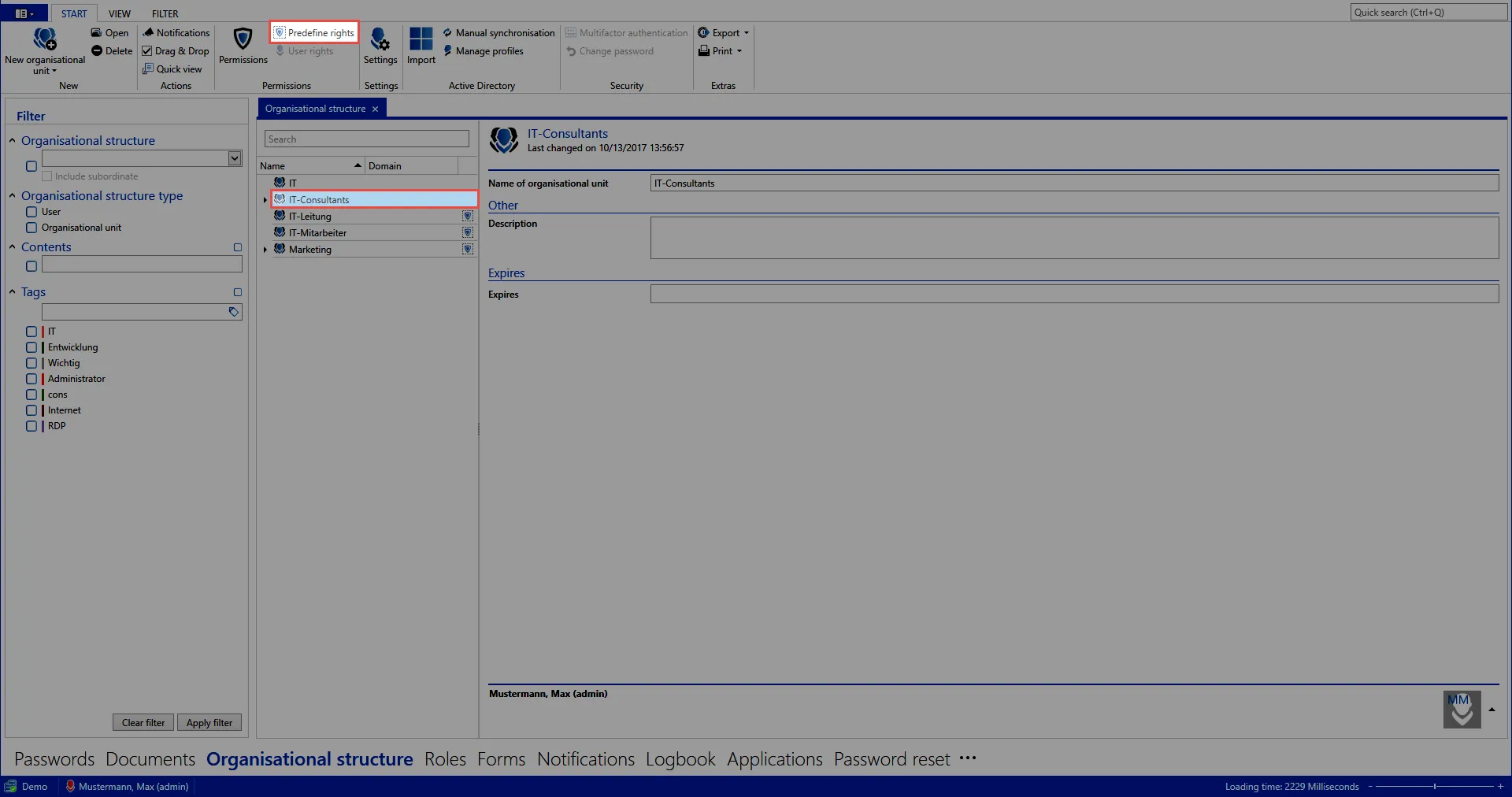 button of predefined rights