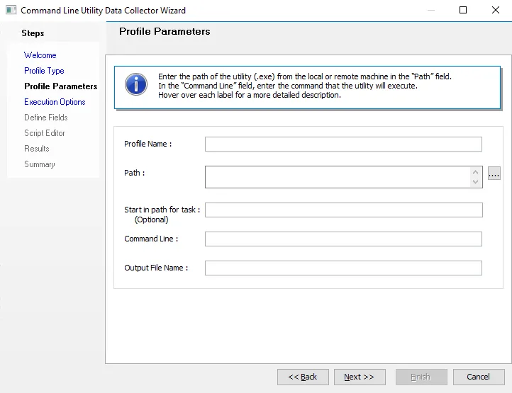 Command Line Utility Data Collector Wizard Profile Parameters page