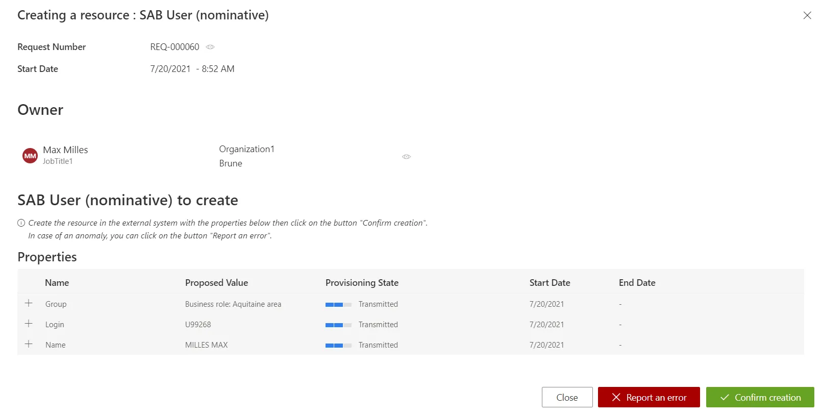 Creation Provisioning Order