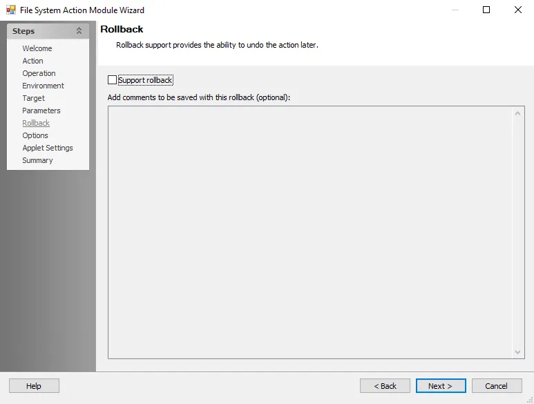 Public Folder Action Module Wizard Rollback page