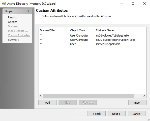 Entra ID Inventory DC Wizard Custom Attributes page
