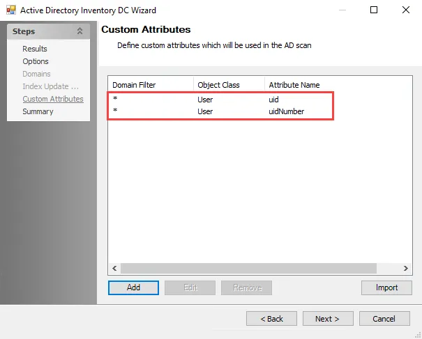 Active Directory Inventory DC Wizard Custom Attributes page
