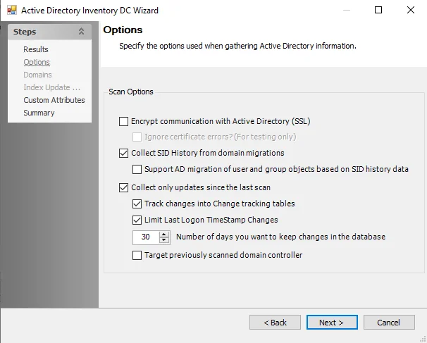 Entra ID Inventory DC Wizard Options page