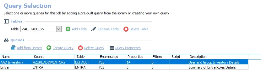Query Selection page