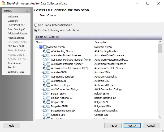 Select DLP criteria for this scan page