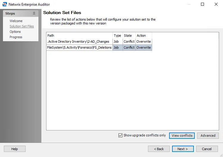 Configuration Wizard Solution Set Files page with conflicts