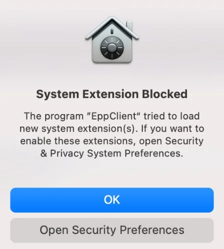 Pop-up window informing the user that a System Extension is blocked