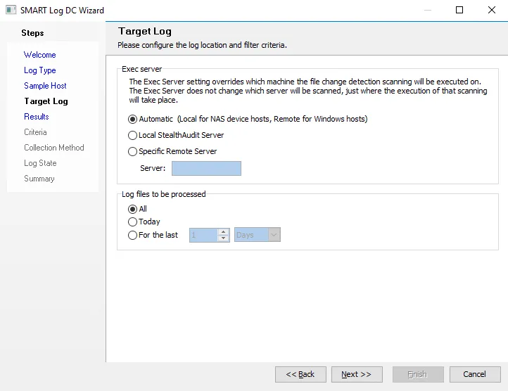 SMART Log DC Wizard Target Log page for File Change Detection Log