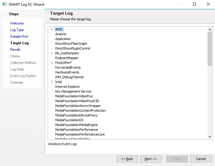 SMART Log DC Wizard Target Log page for Windows Event Log