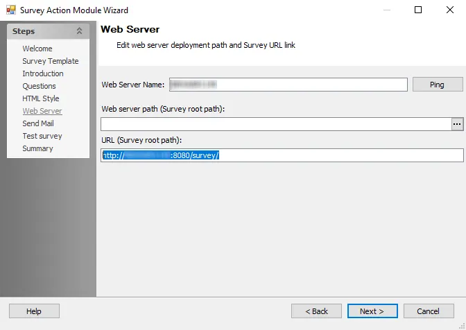 Survey Action Module Wizard Web Server page